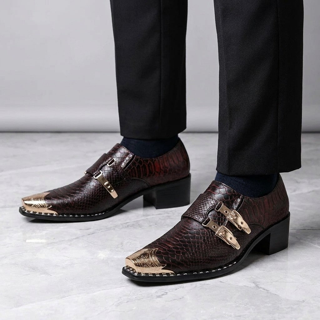 Snakeskin Monk Shoes — Brown, worn on foot, studio