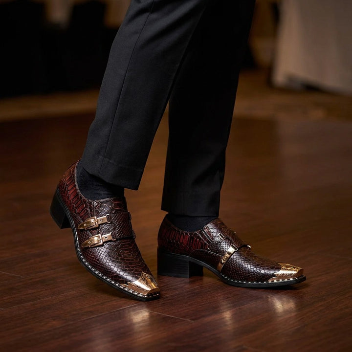 Snakeskin Monk Shoes — Brown, worn on foot, ballroom dance floor