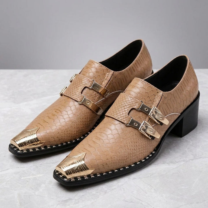 Snakeskin Monk Shoes — Tan, hero three-quarter pair