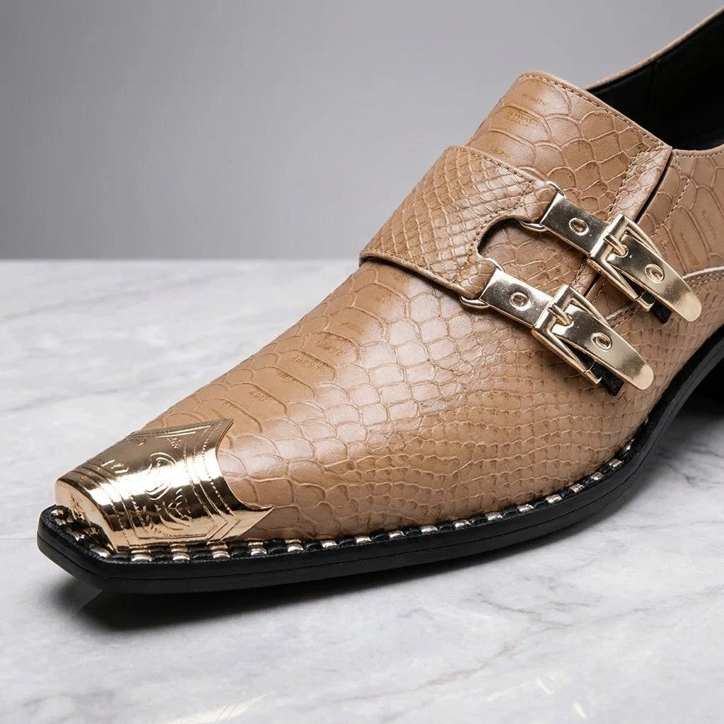 Snakeskin Monk Shoes — Tan, close-up of buckles and metal toe cap
