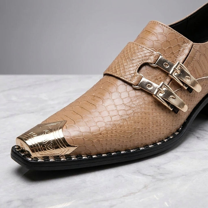 Snakeskin Monk Shoes — Tan, close-up of buckles and metal toe cap