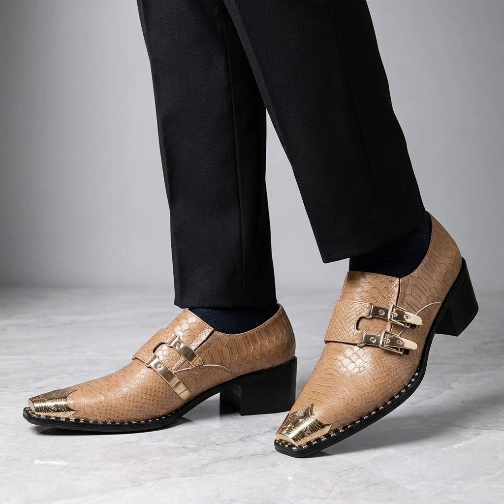 Snakeskin Monk Shoes — Tan, worn on foot, studio