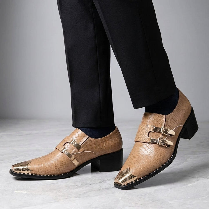 Snakeskin Monk Shoes — Tan, worn on foot, studio