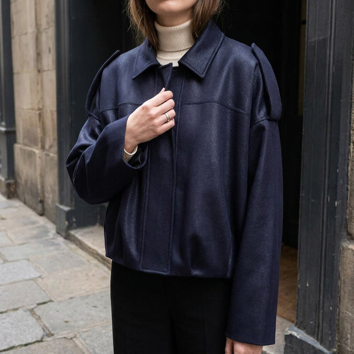 Ancona Suede Jacket — Navy, lifestyle detail