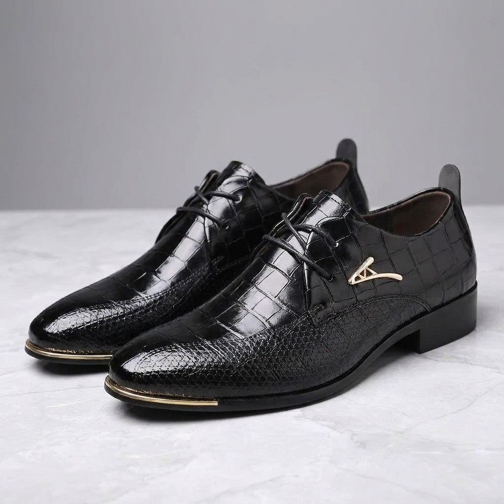 Osimo Croc Dress Shoes — Black, pair three-quarter studio view