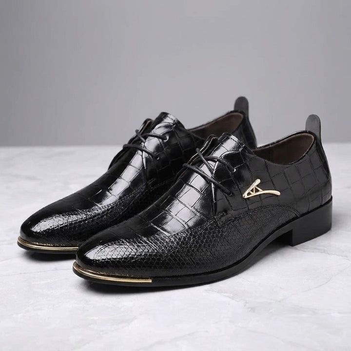 Osimo Croc Dress Shoes — Black, pair three-quarter studio view