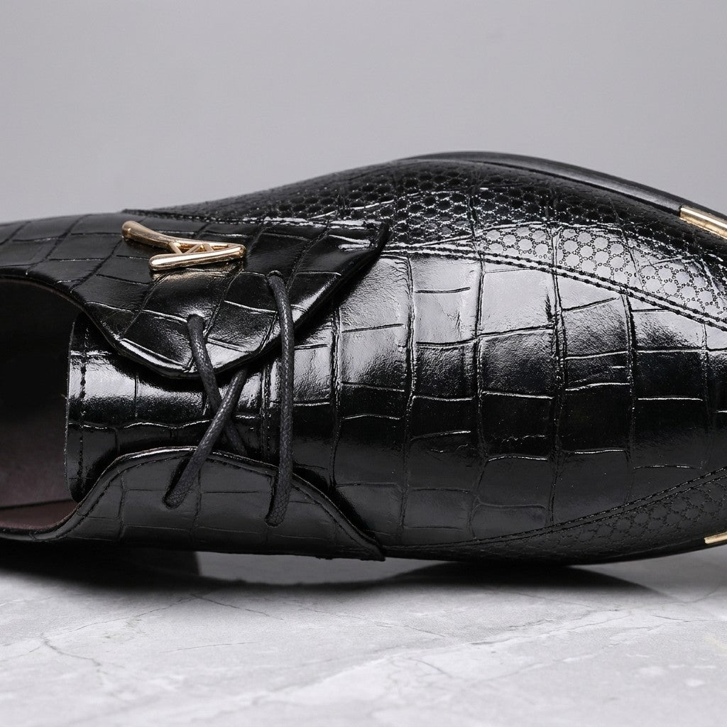 Osimo Croc Dress Shoes — Black, close-up of croc-embossed vamp, laces and gold V accent