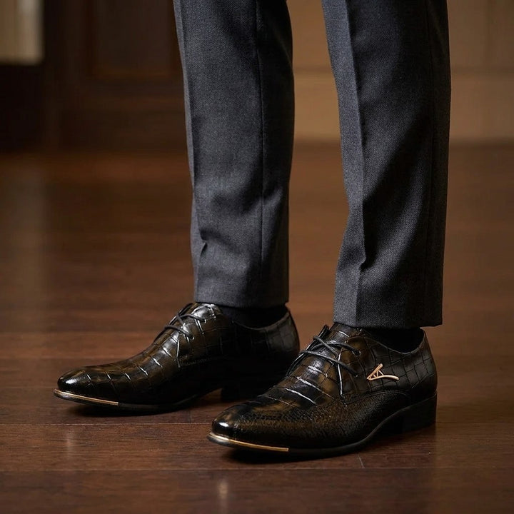 Osimo Croc Dress Shoes — Black, worn at an evening wedding reception