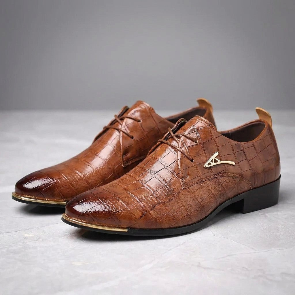 Osimo Croc Dress Shoes — Brown, pair three-quarter studio view