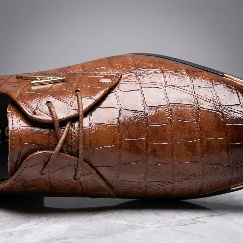 Osimo Croc Dress Shoes — Brown, close-up of croc-embossed vamp, laces and gold V accent
