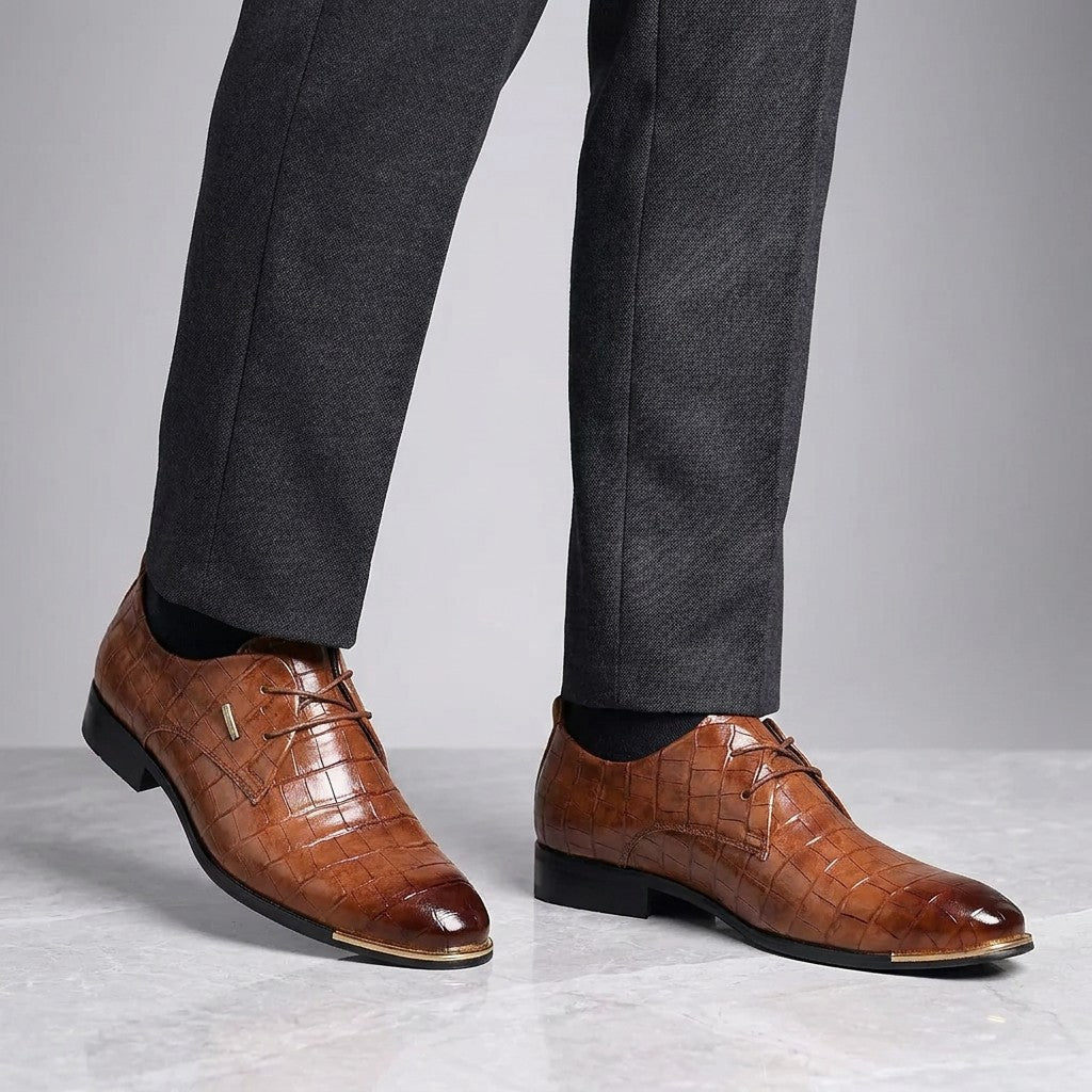 Osimo Croc Dress Shoes — Brown, worn by a man, knee-down studio