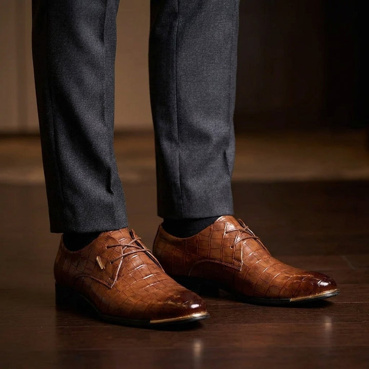 Osimo Croc Dress Shoes — Brown, worn at an evening wedding reception