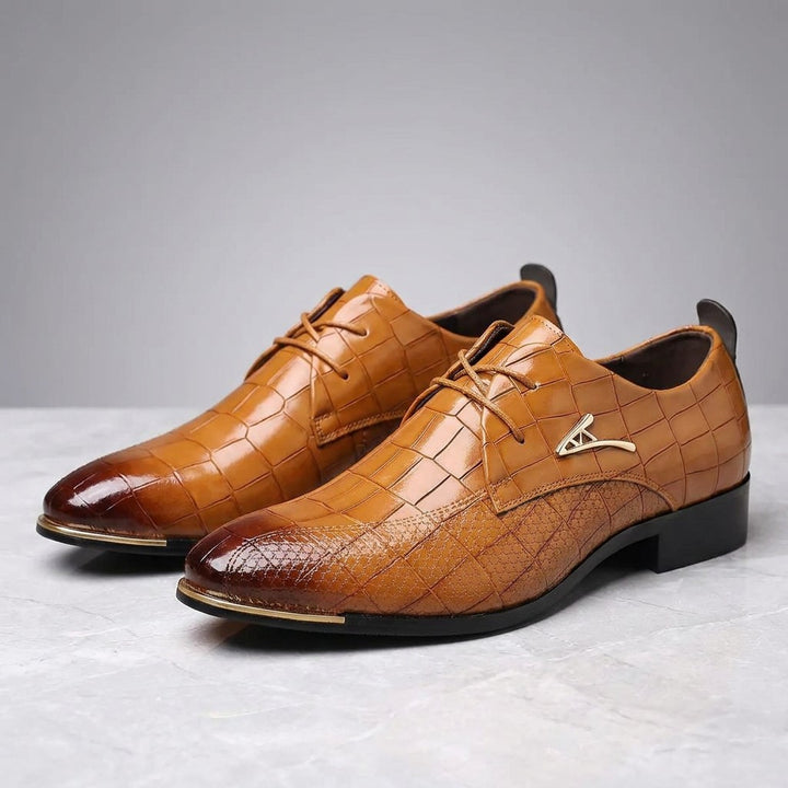 Osimo Croc Dress Shoes — Tan, pair three-quarter studio view