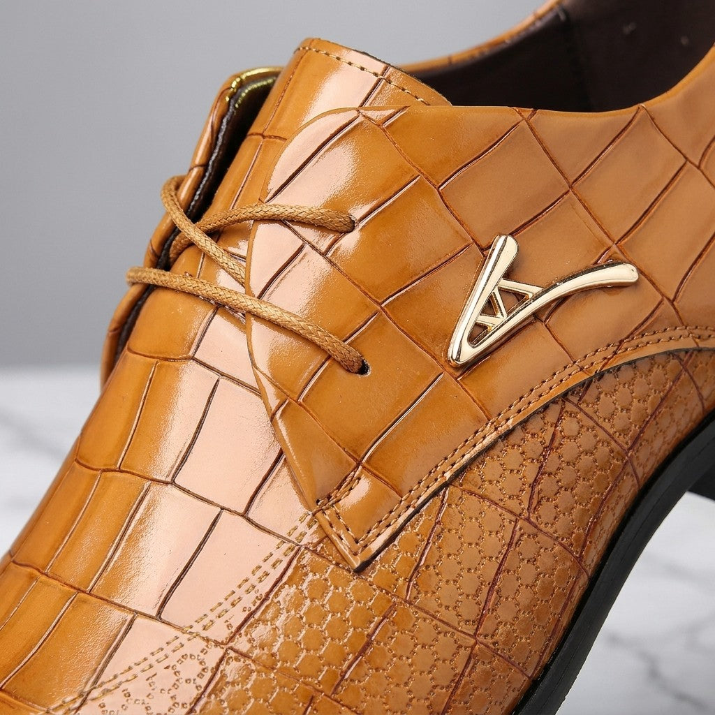Osimo Croc Dress Shoes — Tan, close-up of croc-embossed vamp, laces and gold V accent