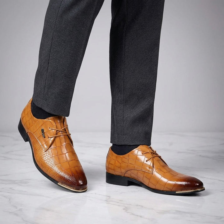 Osimo Croc Dress Shoes — Tan, worn by a man, knee-down studio