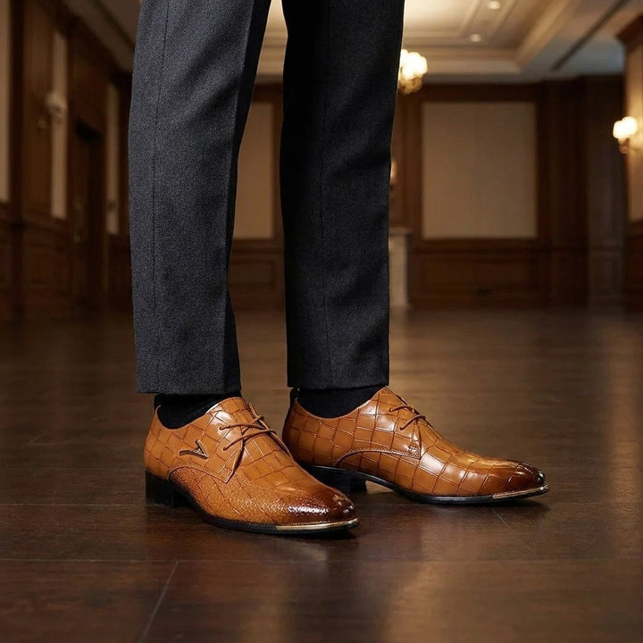Osimo Croc Dress Shoes — Tan, worn at an evening wedding reception