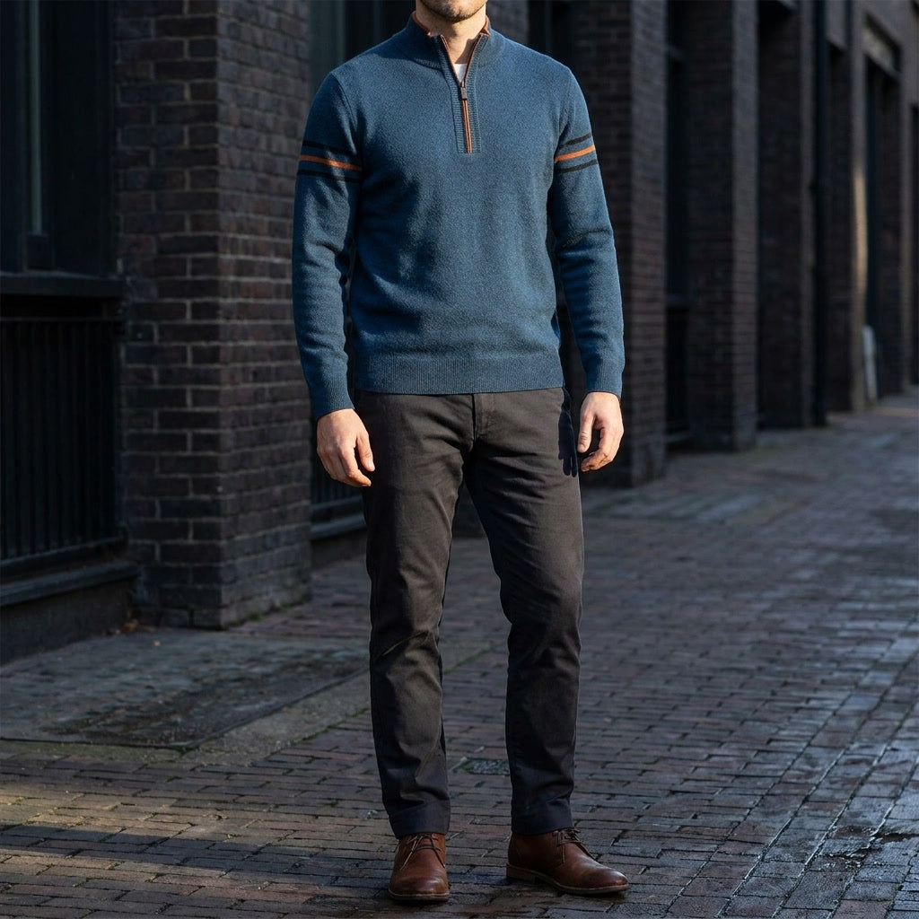 Anzio Colorblock Sweater — Peacock Blue, lifestyle full outfit