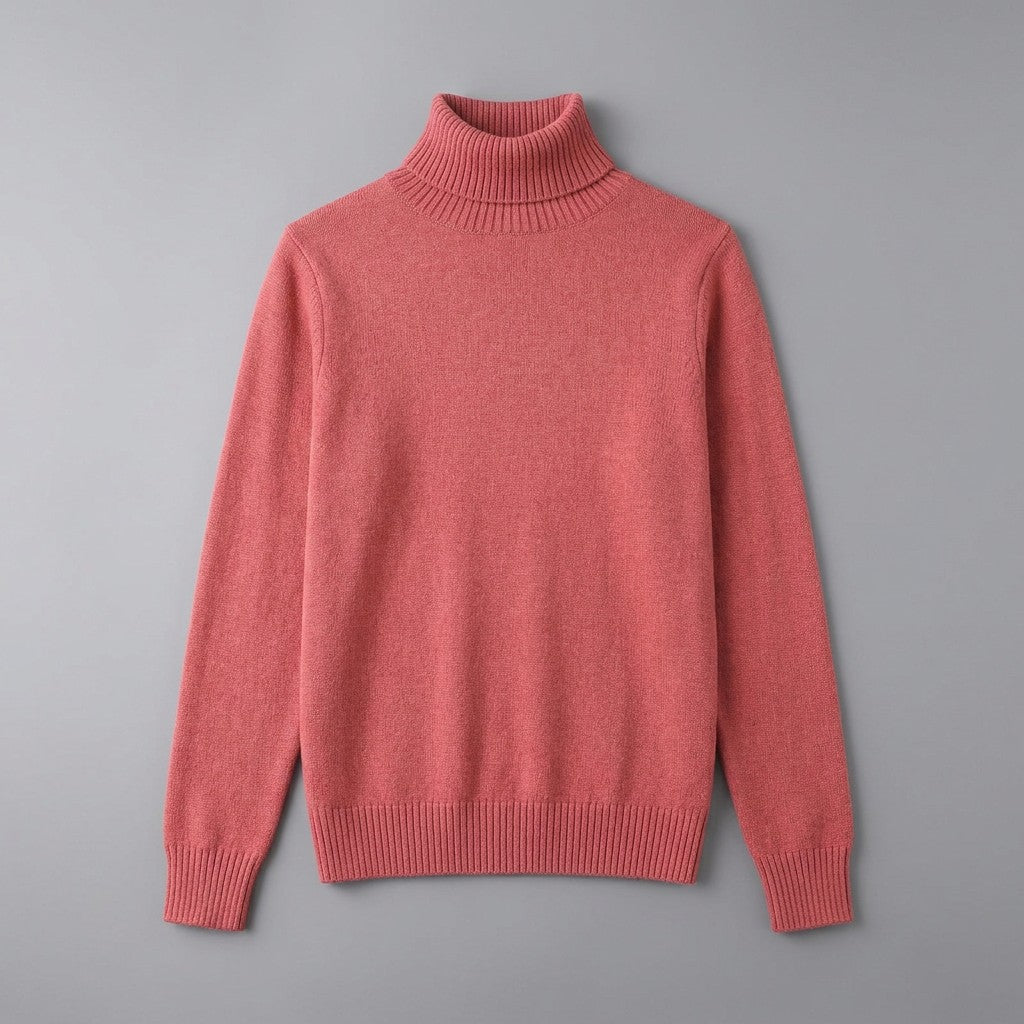 Pistoia Merino Wool Turtleneck — Coral Red, front flat lay on grey