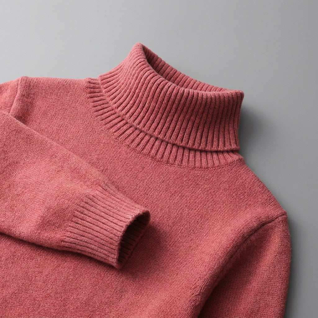 Pistoia Merino Wool Turtleneck — Coral Red, close-up of the ribbed collar, knit and cuff