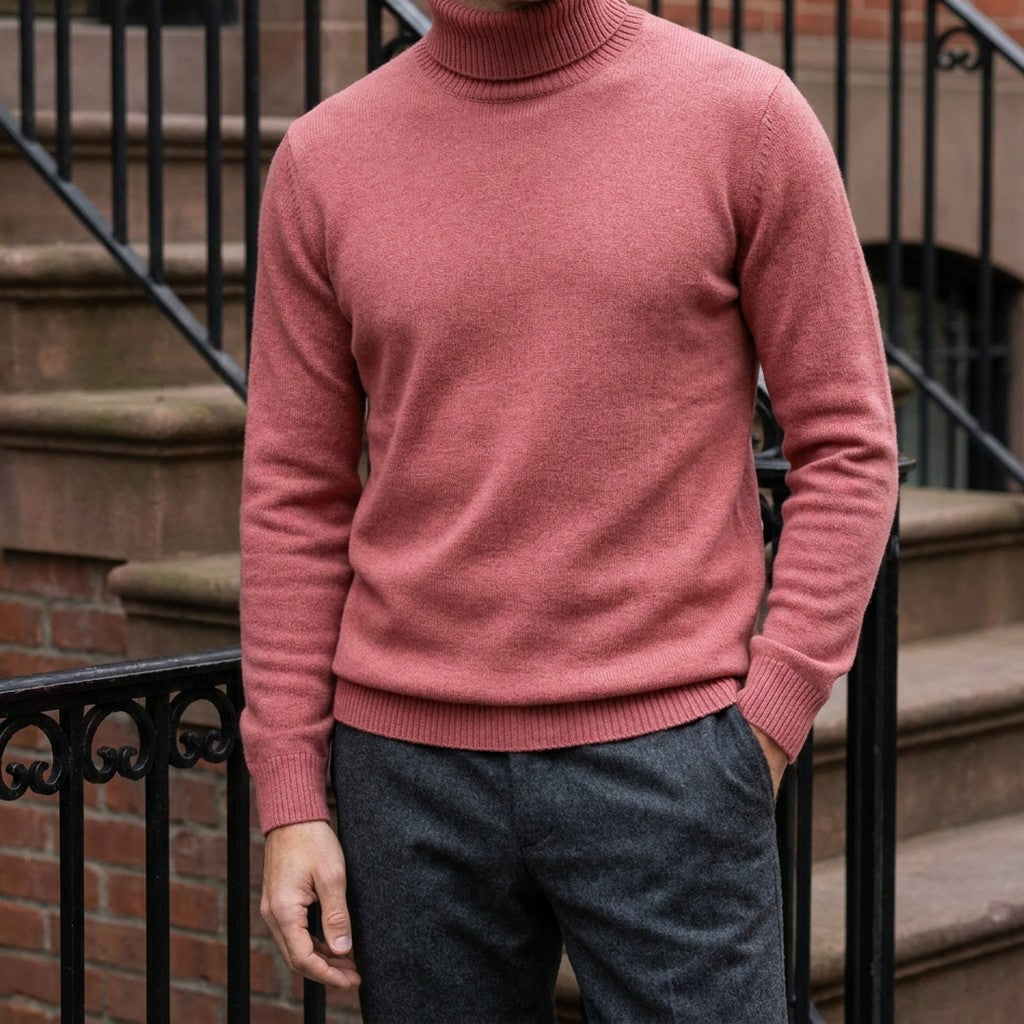Pistoia Merino Wool Turtleneck — Coral Red, worn on a brownstone stoop