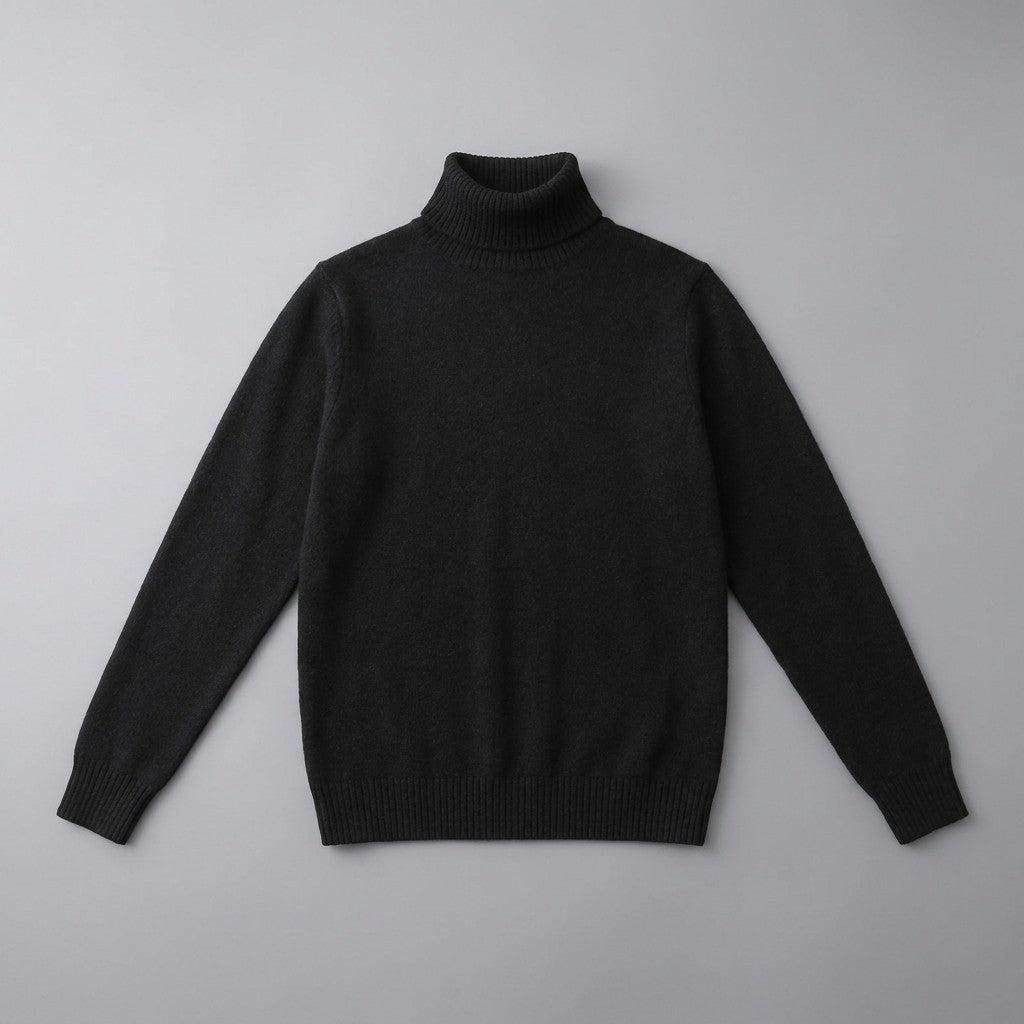 Pistoia Merino Wool Turtleneck — Black, front flat lay on grey