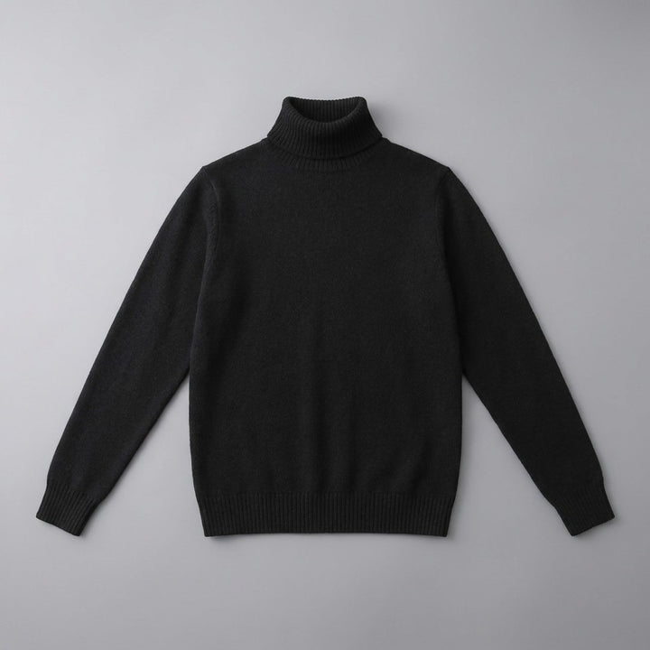 Pistoia Merino Wool Turtleneck — Black, front flat lay on grey