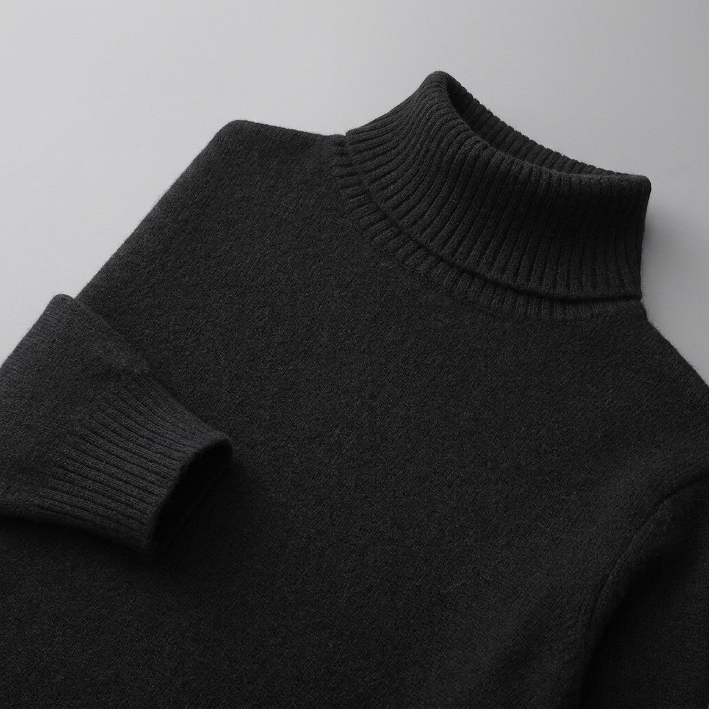 Pistoia Merino Wool Turtleneck — Black, close-up of the ribbed collar, knit and cuff