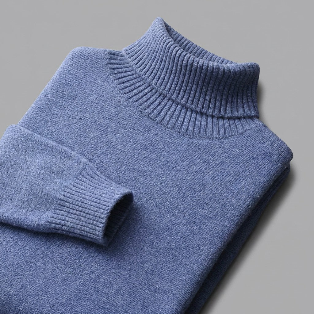 Pistoia Merino Wool Turtleneck — Cornflower Blue, close-up of the ribbed collar, knit and cuff