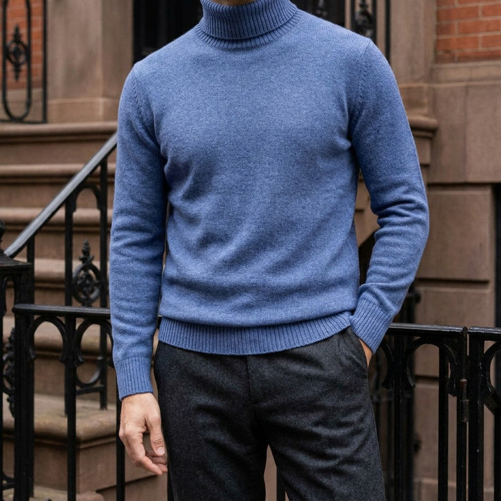 Pistoia Merino Wool Turtleneck — Cornflower Blue, worn on a brownstone stoop
