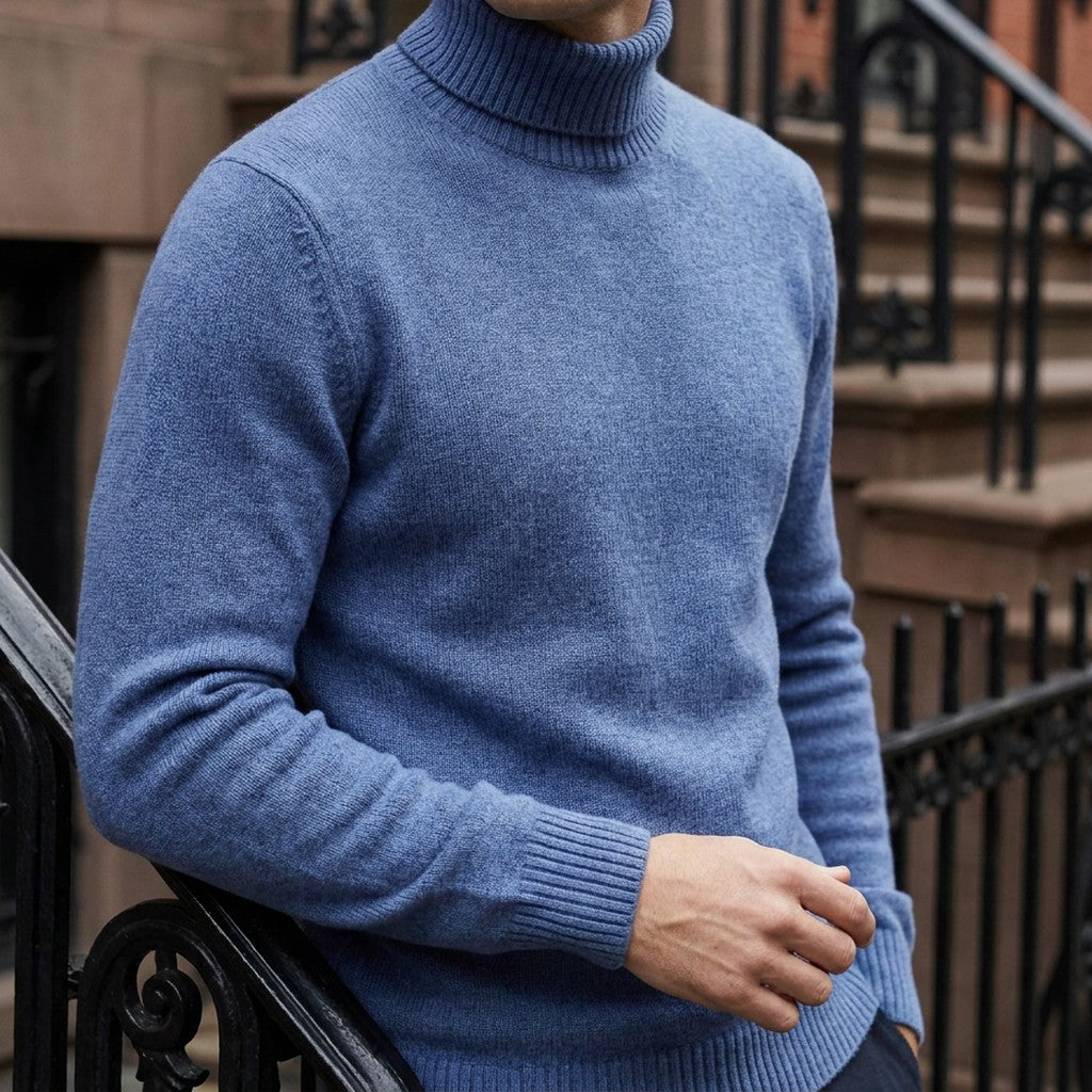 Pistoia Merino Wool Turtleneck — Cornflower Blue, worn close-up of the cuff and knit