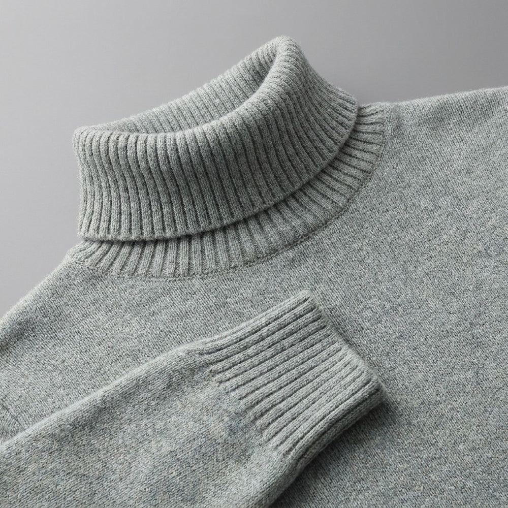 Pistoia Merino Wool Turtleneck — Sage, close-up of the ribbed collar, knit and cuff