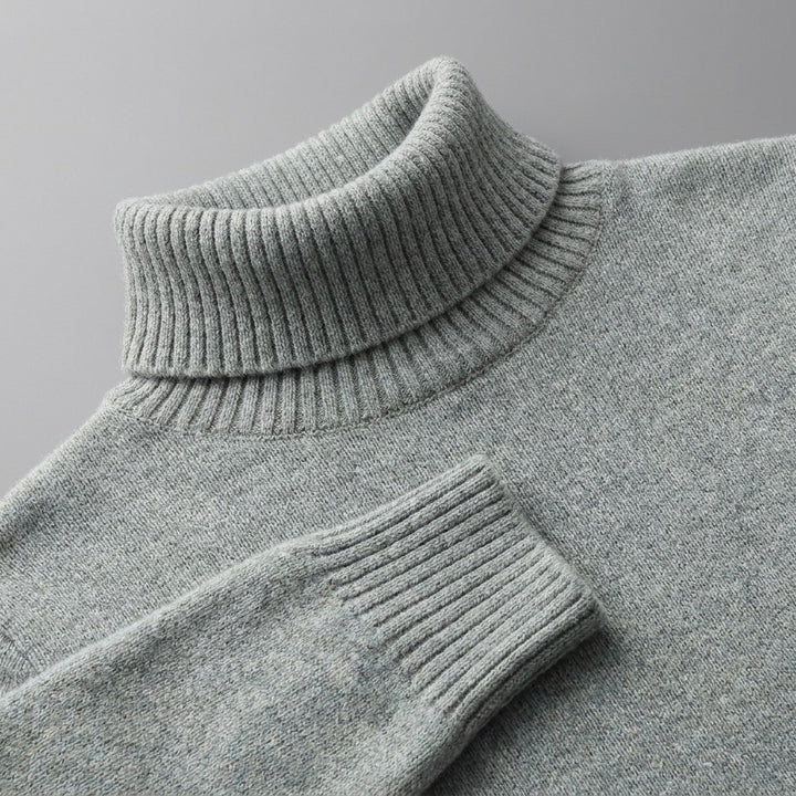 Pistoia Merino Wool Turtleneck — Sage, close-up of the ribbed collar, knit and cuff