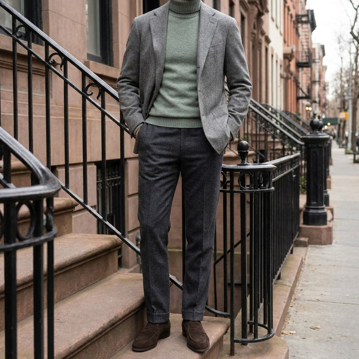 Pistoia Merino Wool Turtleneck — Sage, worn under a grey blazer with charcoal trousers