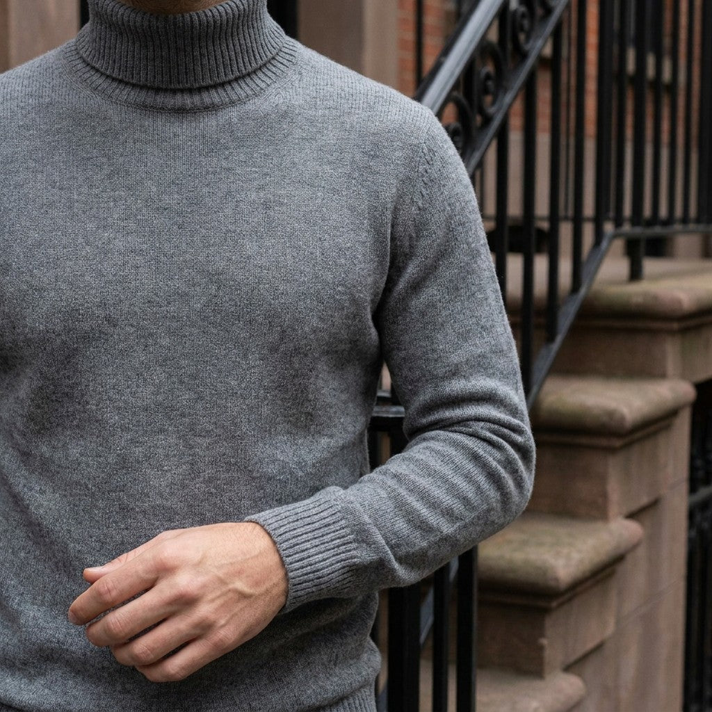 Pistoia Merino Wool Turtleneck — Charcoal, worn close-up of the cuff and knit