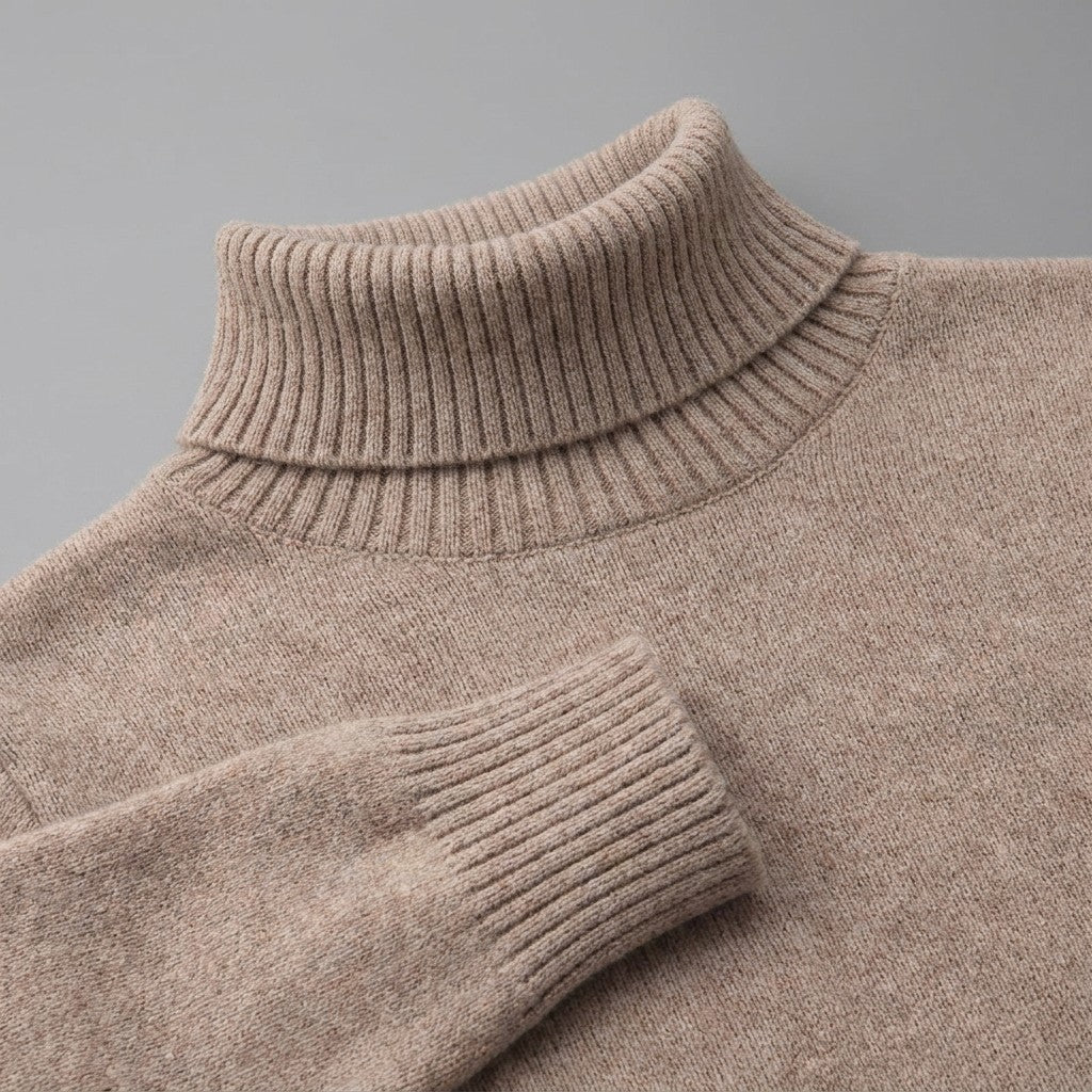 Pistoia Merino Wool Turtleneck — Camel, close-up of the ribbed collar, knit and cuff