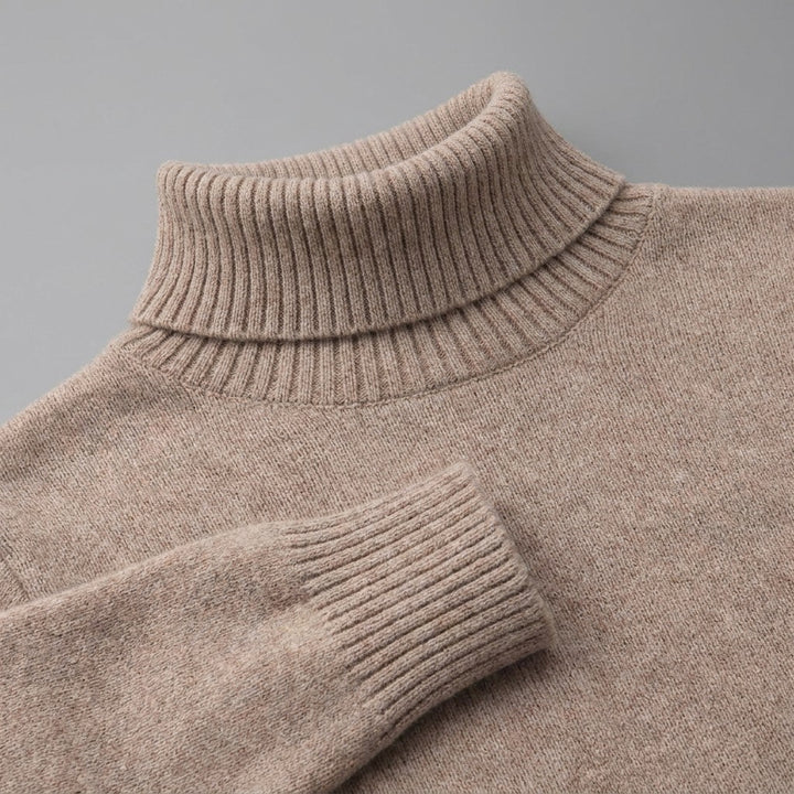 Pistoia Merino Wool Turtleneck — Camel, close-up of the ribbed collar, knit and cuff