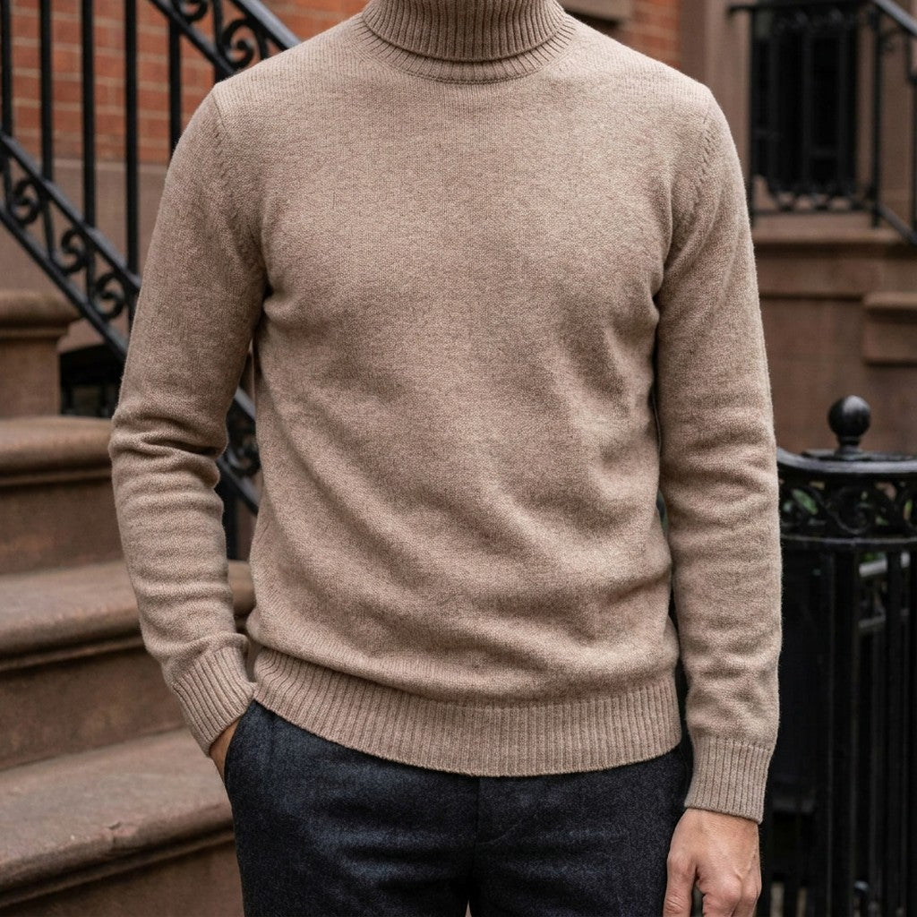 Pistoia Merino Wool Turtleneck — Camel, worn on a brownstone stoop