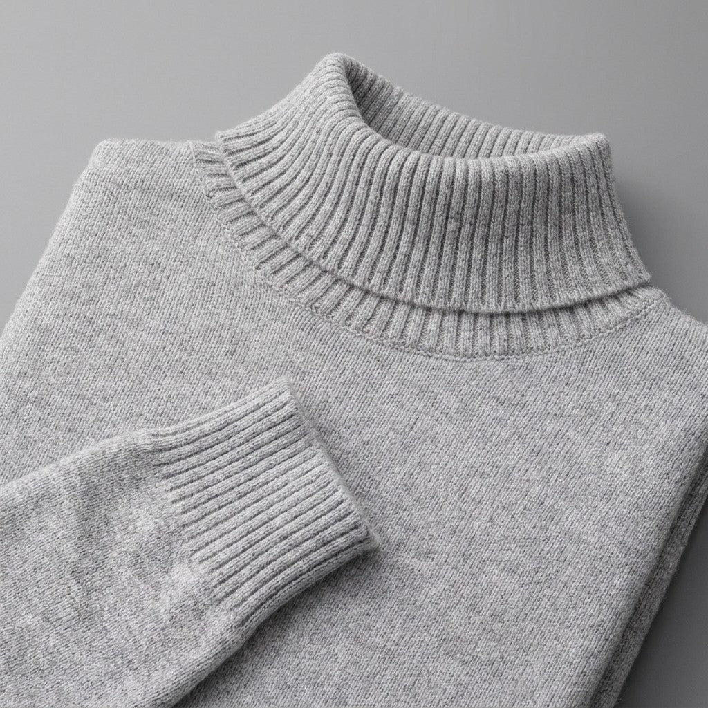Pistoia Merino Wool Turtleneck — Light Grey, close-up of the ribbed collar, knit and cuff