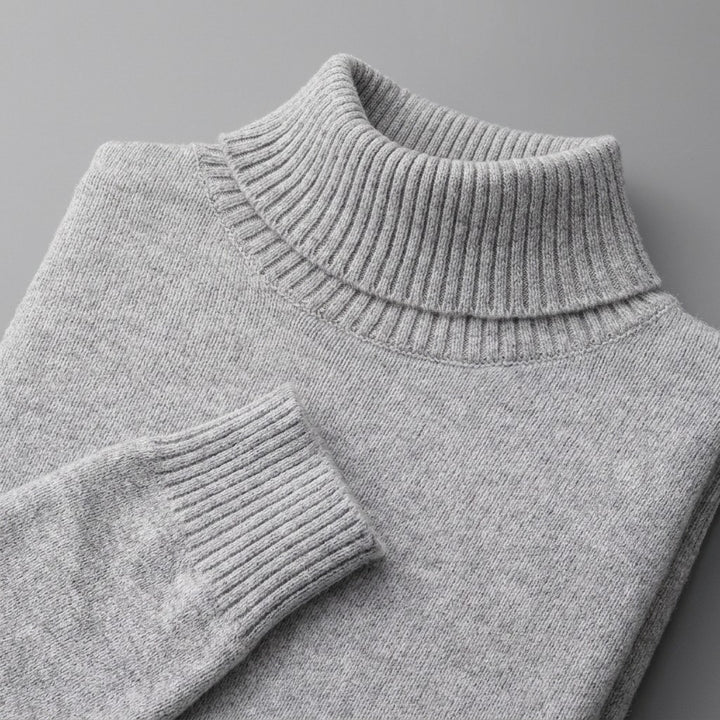 Pistoia Merino Wool Turtleneck — Light Grey, close-up of the ribbed collar, knit and cuff