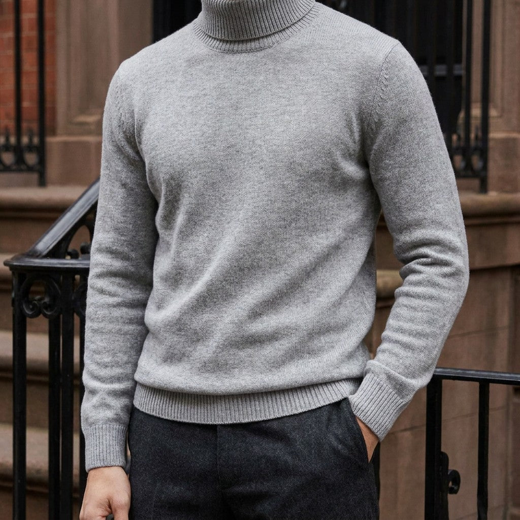 Pistoia Merino Wool Turtleneck — Light Grey, worn on a brownstone stoop