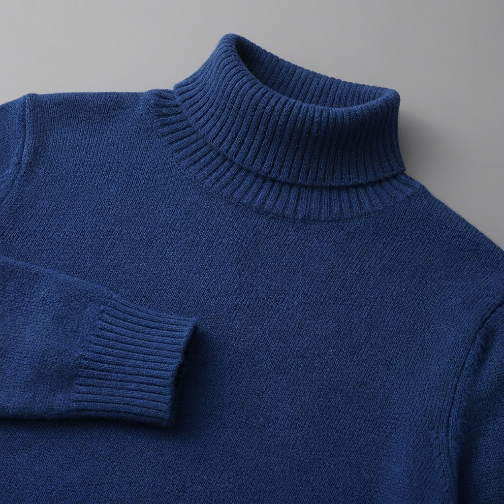 Pistoia Merino Wool Turtleneck — Royal Blue, close-up of the ribbed collar, knit and cuff