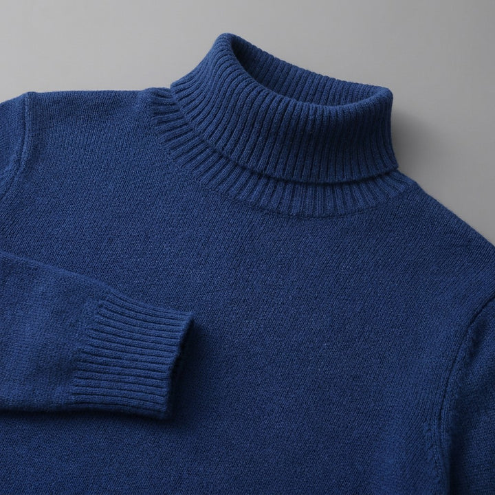 Pistoia Merino Wool Turtleneck — Royal Blue, close-up of the ribbed collar, knit and cuff