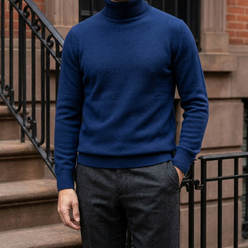Pistoia Merino Wool Turtleneck — Royal Blue, worn on a brownstone stoop
