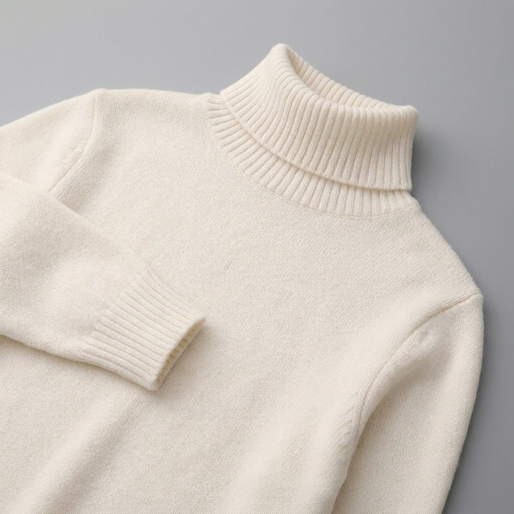 Pistoia Merino Wool Turtleneck — Cream, close-up of the ribbed collar, knit and cuff