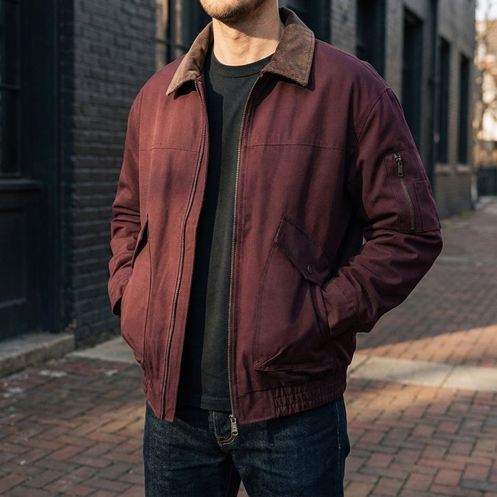 Orbetello Workwear Jacket — Red, lifestyle close crop