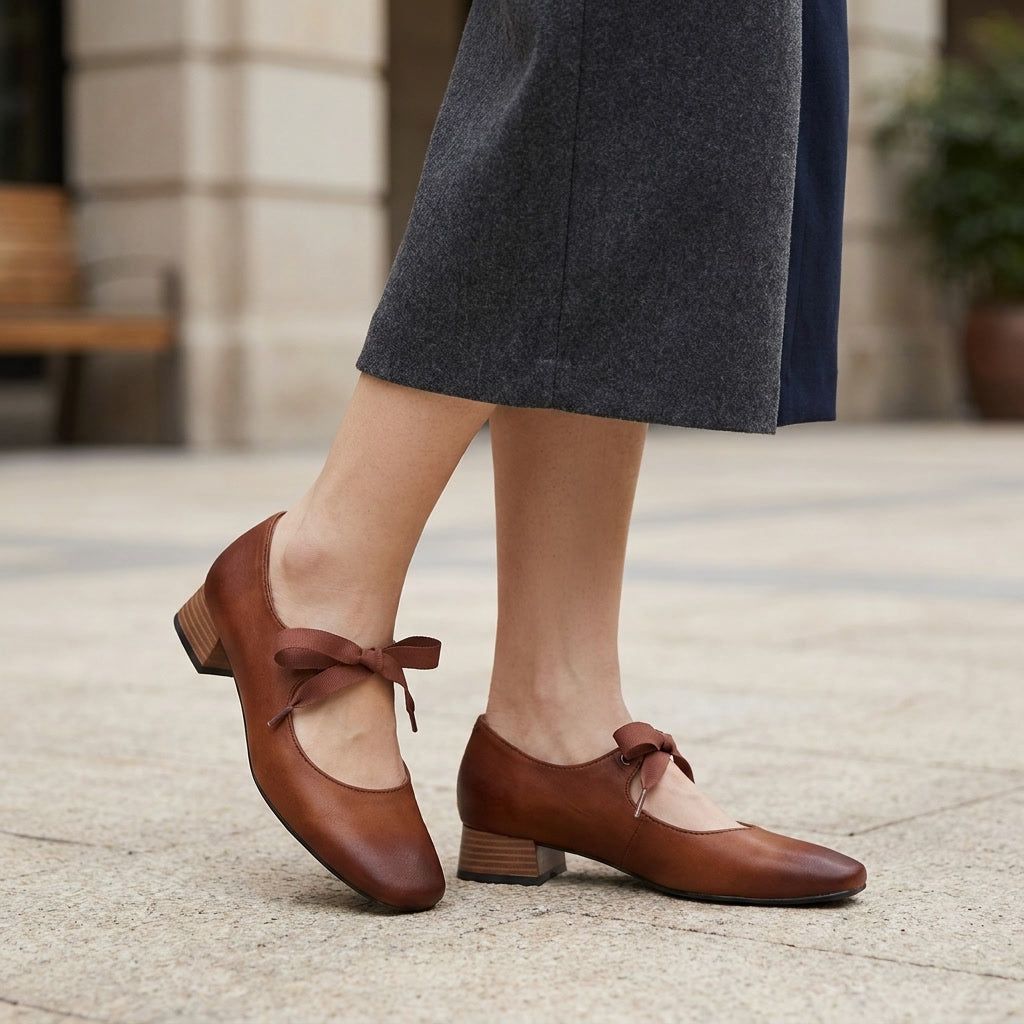 Nemi Square Mary Janes — Red Brown, on model urban cafe sidewalk
