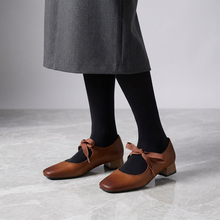 Nemi Square Mary Janes — Red Brown, on model knee-down studio