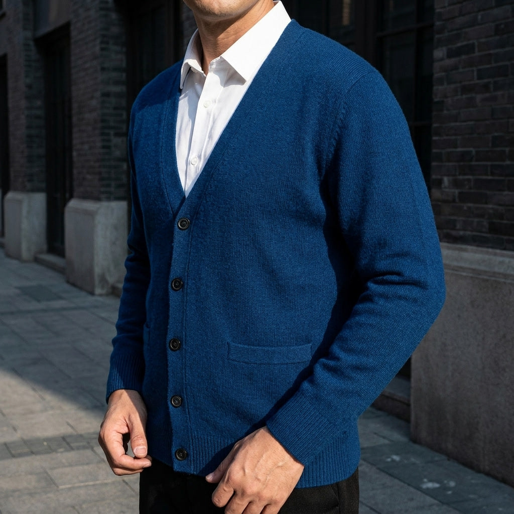 Foligno Wool Cardigan — Seaweed Blue, lifestyle worn detail