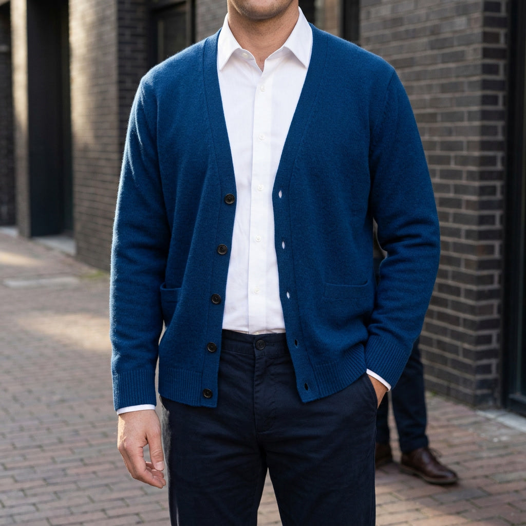 Foligno Wool Cardigan — Seaweed Blue, lifestyle close crop
