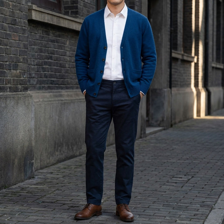Foligno Wool Cardigan — Seaweed Blue, lifestyle full outfit